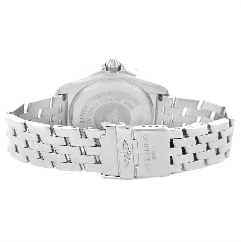 This image shows the backside and bracelet of the Breitling A71356 Women's Stainless Steel Mother of Pearl Dial A71356 Women's Stainless Steel Mother of Pearl Dial Windrider Cockpit Ladies Mother Pearl Diamond Watch A71356.