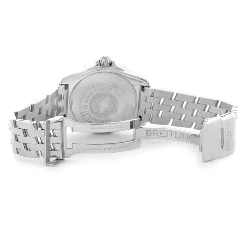 This image shows the back and the opened metal bracelet of the Breitling A71356 Women's Stainless Steel Mother of Pearl Dial A71356 Women's Stainless Steel Mother of Pearl Dial Windrider Cockpit Ladies Mother Pearl Diamond Watch A71356.