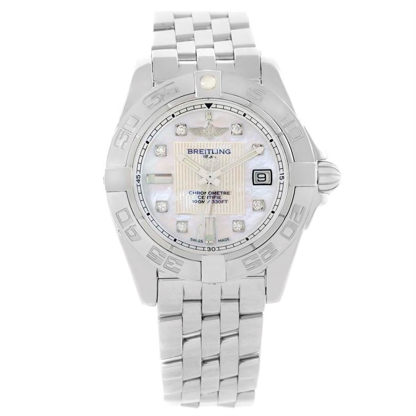 The image shows a front-facing view of a Breitling A71356 Women's Stainless Steel Mother of Pearl Dial A71356 Women's Stainless Steel Mother of Pearl Dial Windrider Cockpit Ladies Mother Pearl Diamond Watch A71356, displaying its dial, bezel, and bracelet.
