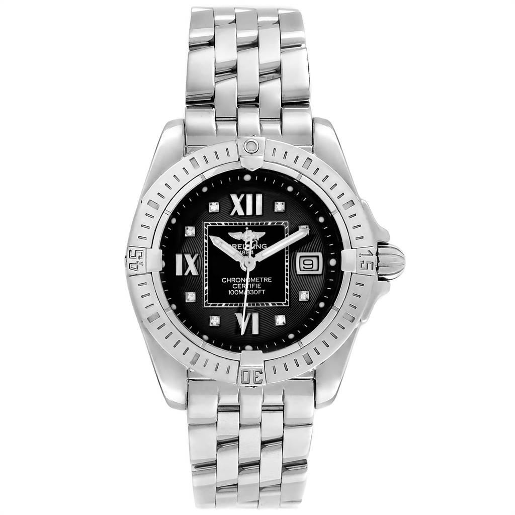 The image shows a front view of the Breitling A71356 Women's Stainless Steel Black Dial A71356 Women's Stainless Steel Black Dial Windrider Cockpit Ladies Black Diamond Ladies Watch A71356.