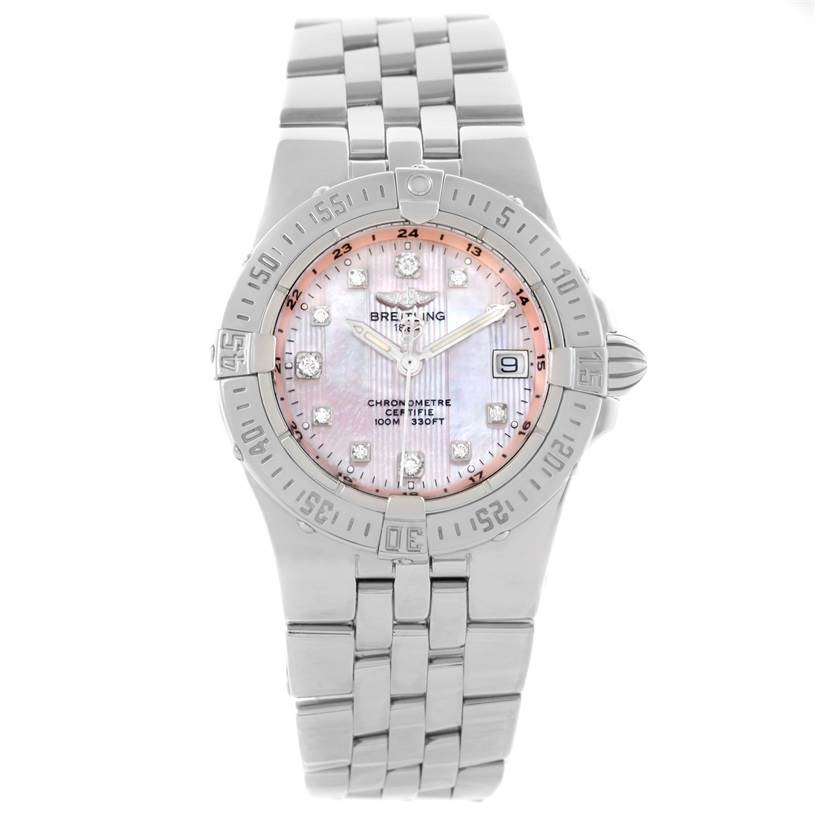 This image shows a front view of the Breitling A71340 Women
s Stainless Steel Mother of Pearl Dial A71340 Women
s Stainless Steel Mother of Pearl Dial Starliner Pink Mother of Pearl Diamond Quartz Watch A71340, displaying the dial, bezel, and bracelet.