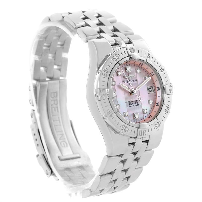 The image shows a front angled view of the Breitling A71340 Women
s Stainless Steel Mother of Pearl Dial A71340 Women
s Stainless Steel Mother of Pearl Dial Starliner Pink Mother of Pearl Diamond Quartz Watch A71340, highlighting the dial and bracelet.
