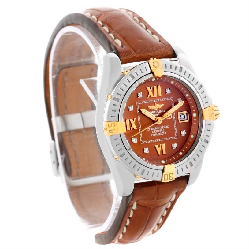 The image shows a front-side angle of the Breitling B71356 Women
s Steel and Gold (two tone) Brown Dial B71356 Women
s Steel and Gold (two tone) Brown Dial Cockpit Ladies Steel 18K Yellow Gold Diamond Watch B71356 model with a brown leather strap.