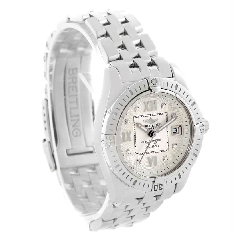 The Breitling A71356 Women's Stainless Steel Silver Dial A71356 Women's Stainless Steel Silver Dial Windrider Cockpit A71356 watch is shown from a front-angle, displaying its silver diamond dial and metal bracelet.