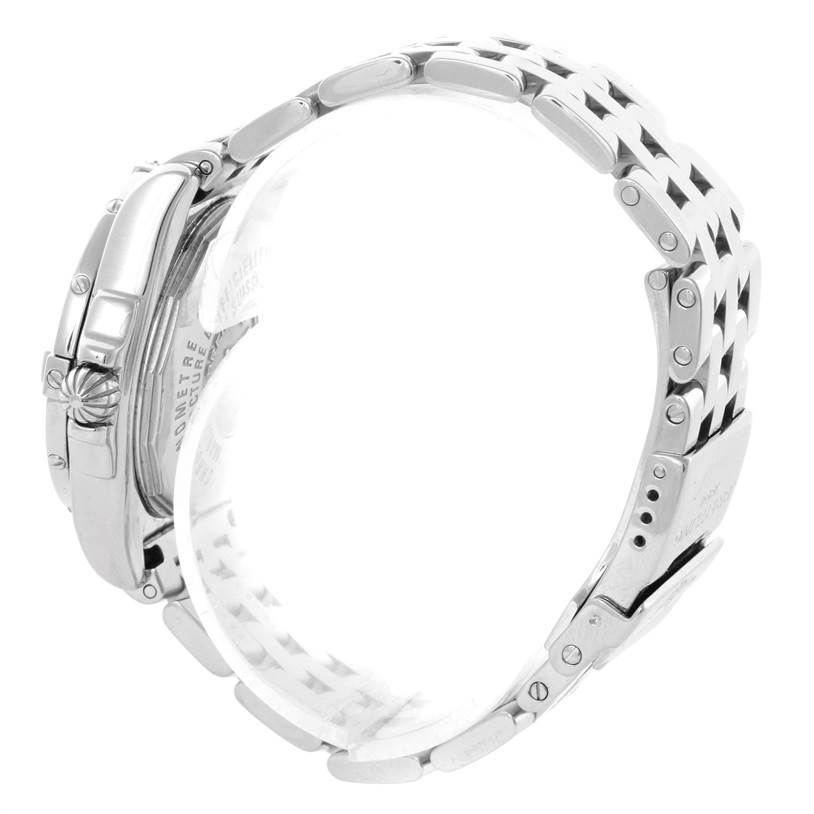 The image shows a side view of the Breitling A71356 Women's Stainless Steel Silver Dial A71356 Women's Stainless Steel Silver Dial Windrider Cockpit Silver Diamond Dial Ladies Watch A71356, displaying the watch case, crown, and bracelet.