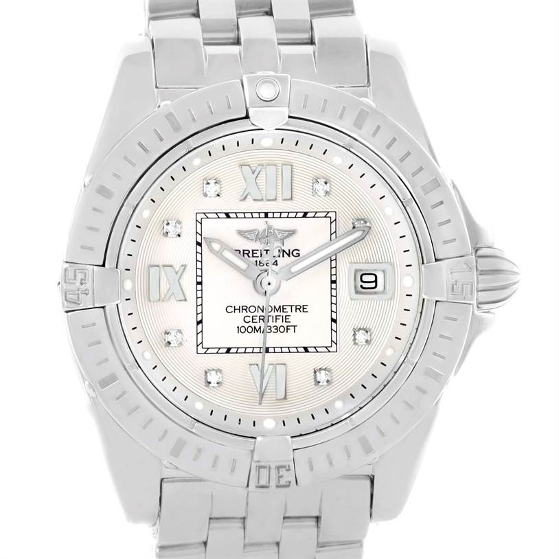 The image shows a front view of the Breitling A71356 Women's Stainless Steel Silver Dial A71356 Women's Stainless Steel Silver Dial Windrider Cockpit A71356 Ladies Watch, detailing the dial and bracelet.