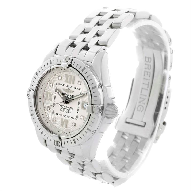 This image shows the Breitling A71356 Women's Stainless Steel Silver Dial A71356 Women's Stainless Steel Silver Dial Windrider Cockpit Silver Diamond Dial Ladies Watch A71356 from a three-quarter angle, highlighting the face, bezel, and bracelet.