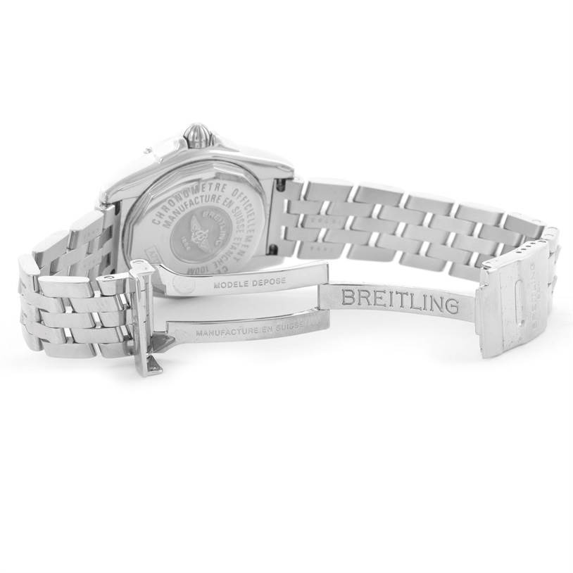 This image shows the back and partially open clasp of a Breitling A71356 Women's Stainless Steel Silver Dial A71356 Women's Stainless Steel Silver Dial Windrider Cockpit Silver Diamond Dial Ladies Watch A71356 model.