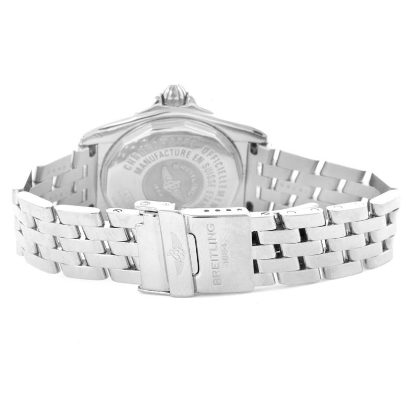 This image shows a Breitling A71356 Women's Stainless Steel Silver Dial A71356 Women's Stainless Steel Silver Dial Windrider Cockpit Silver Diamond Dial Ladies Watch A71356 from the back, featuring the clasp and bracelet.