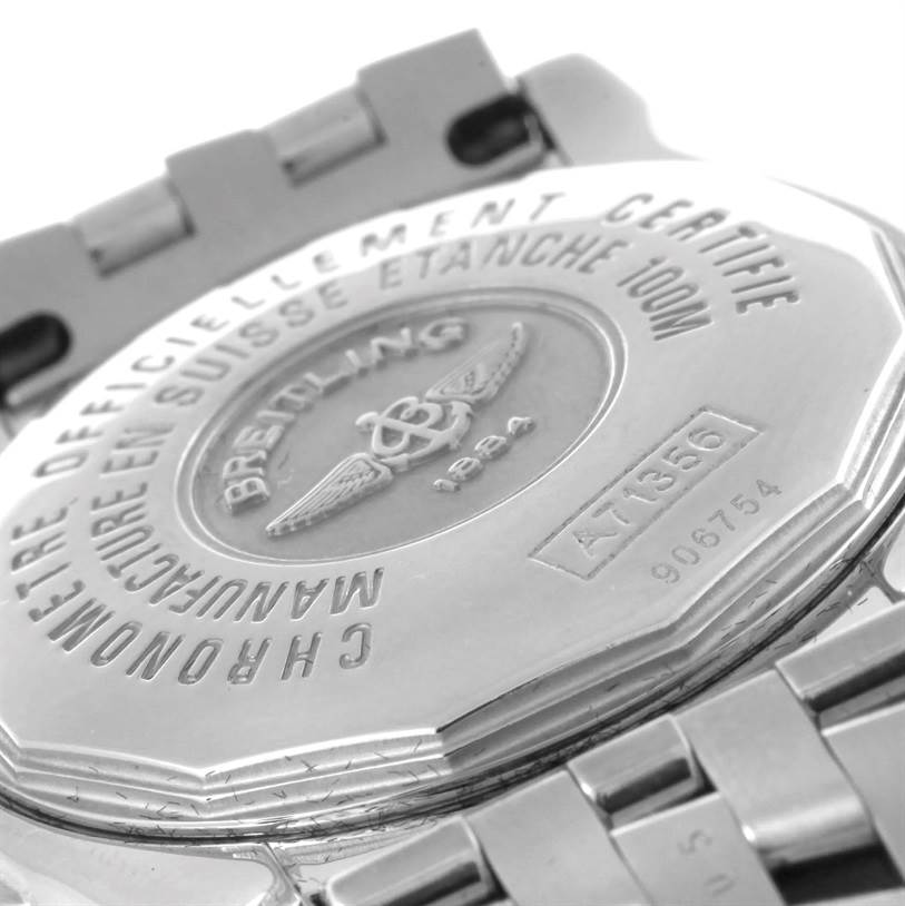 The image shows the back case of the Breitling A71356 Women's Stainless Steel Silver Dial A71356 Women's Stainless Steel Silver Dial Windrider Cockpit Silver Diamond Dial Ladies Watch A71356, highlighting model details and branding.