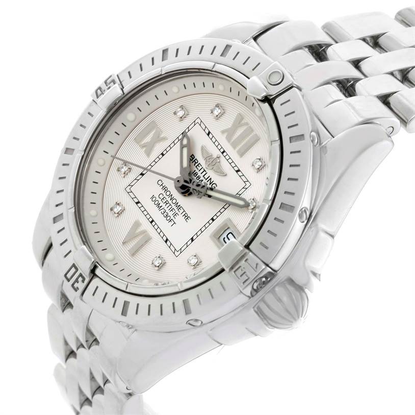 The Breitling A71356 Women's Stainless Steel Silver Dial A71356 Women's Stainless Steel Silver Dial Windrider Cockpit A71356 watch is shown at an angle highlighting its diamond dial, bezel, and stainless steel bracelet.