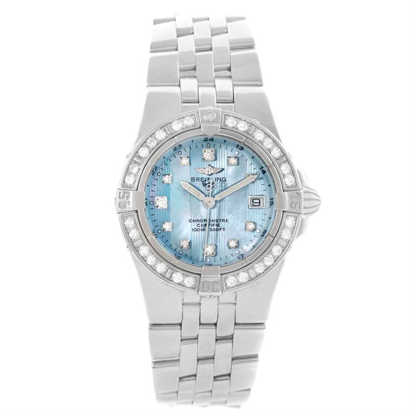 This image shows a front view of the Breitling A71340 Women's Stainless Steel Mother of Pearl Dial A71340 Women's Stainless Steel Mother of Pearl Dial Starliner Ladies Blue Mother of Pearl Diamond Watch A71340, highlighting the face and bracelet.