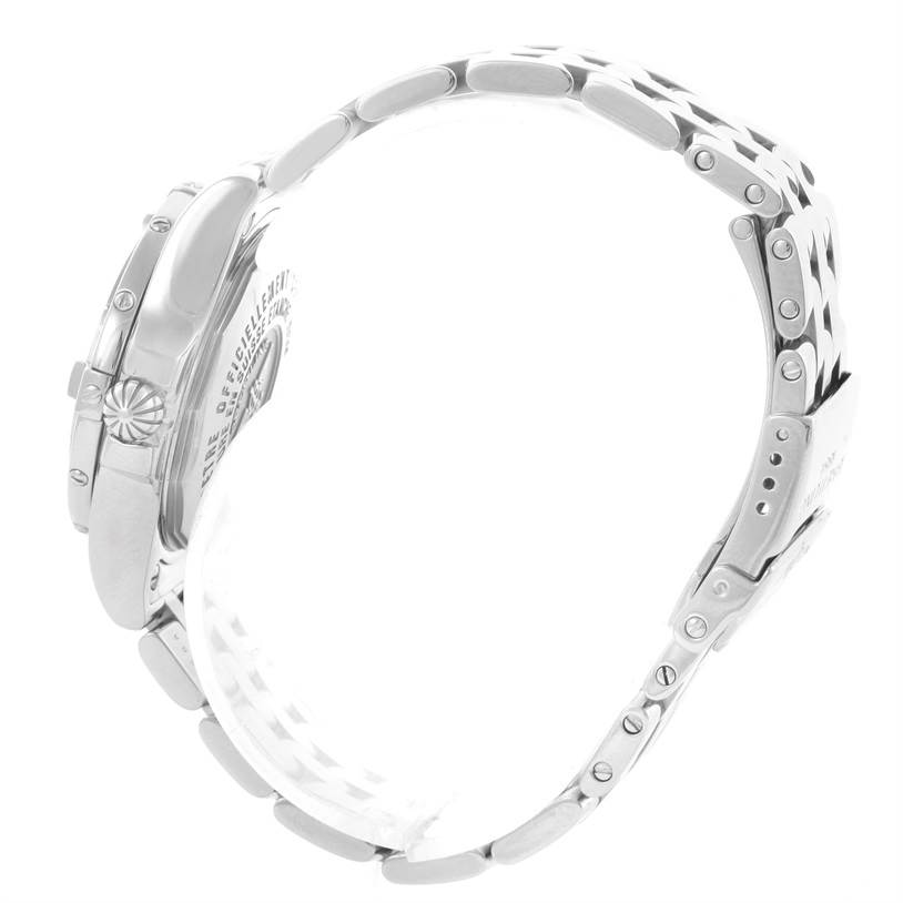 The image shows a side view of the Breitling A71340 Women's Stainless Steel Mother of Pearl Dial A71340 Women's Stainless Steel Mother of Pearl Dial Starliner Ladies Blue Mother of Pearl Diamond Watch A71340, featuring the bracelet and case.