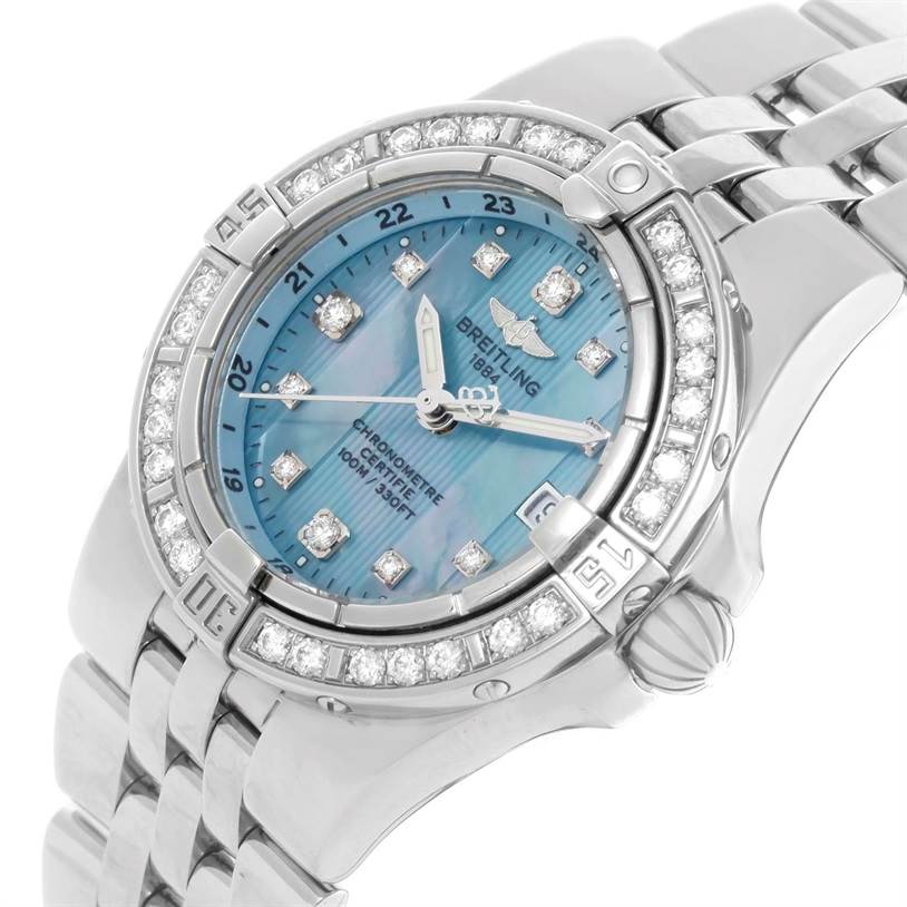 The image shows a front-side angle of the Breitling A71340 Women's Stainless Steel Mother of Pearl Dial A71340 Women's Stainless Steel Mother of Pearl Dial Starliner Ladies Blue Mother of Pearl Diamond Watch A71340, focusing on its face and bracelet.