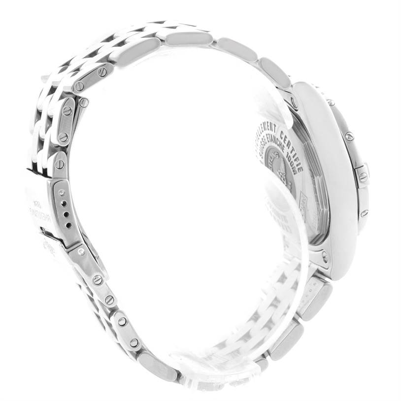 The image shows a side view of the Breitling A71340 Women's Stainless Steel Mother of Pearl Dial A71340 Women's Stainless Steel Mother of Pearl Dial Starliner Ladies Blue Mother of Pearl Diamond Watch A71340, highlighting the bracelet and case back.