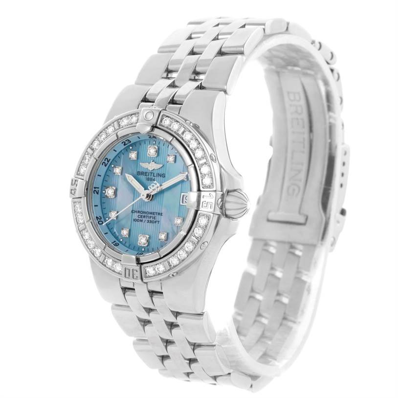 The image shows a front angled view of the Breitling A71340 Women's Stainless Steel Mother of Pearl Dial A71340 Women's Stainless Steel Mother of Pearl Dial Starliner Ladies Blue Mother of Pearl Diamond Watch A71340, highlighting the face and bracelet.