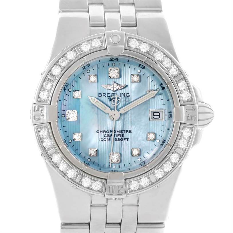 The image shows a front view of the Breitling A71340 Women's Stainless Steel Mother of Pearl Dial A71340 Women's Stainless Steel Mother of Pearl Dial Starliner Ladies Blue Mother of Pearl Diamond Watch model A71340, highlighting its face, bezel, and bracelet.