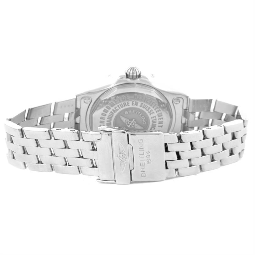 The image shows the back view of the Breitling A71340 Women's Stainless Steel Mother of Pearl Dial A71340 Women's Stainless Steel Mother of Pearl Dial Starliner Ladies Blue Mother of Pearl Diamond Watch A71340, highlighting the clasp and bracelet.