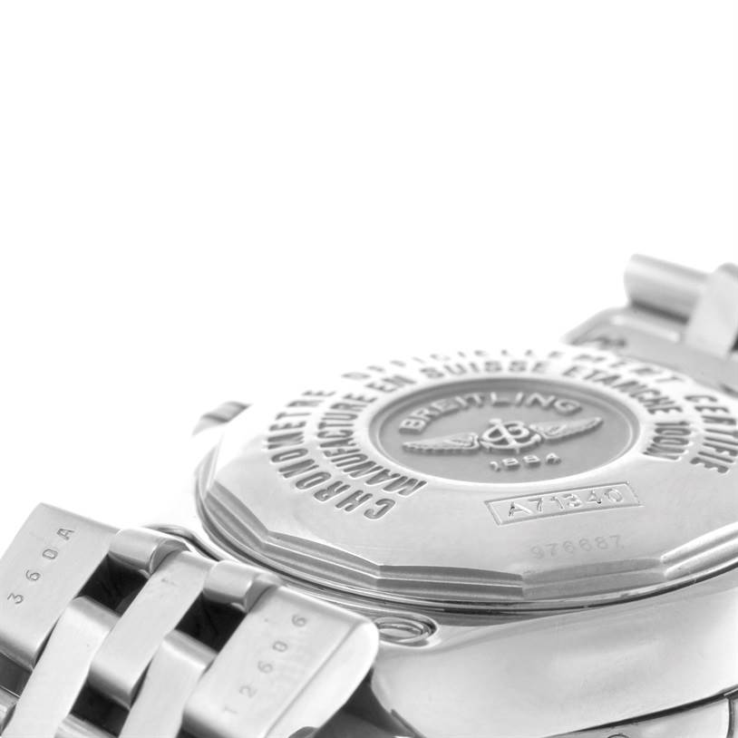 The image shows the back case and part of the bracelet of the Breitling A71340 Women's Stainless Steel Mother of Pearl Dial A71340 Women's Stainless Steel Mother of Pearl Dial Starliner Ladies Blue Mother of Pearl Diamond Watch A71340.