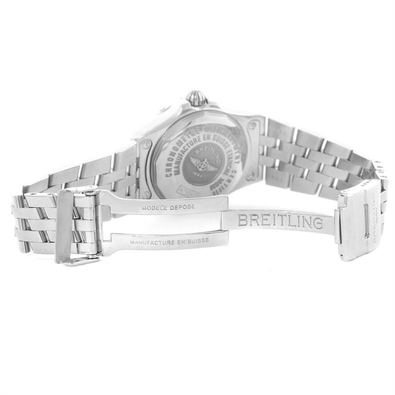 This image shows the open clasp and stainless steel bracelet of the Breitling A71340 Women's Stainless Steel Mother of Pearl Dial A71340 Women's Stainless Steel Mother of Pearl Dial Starliner Ladies Blue Mother of Pearl Diamond Watch A71340.
