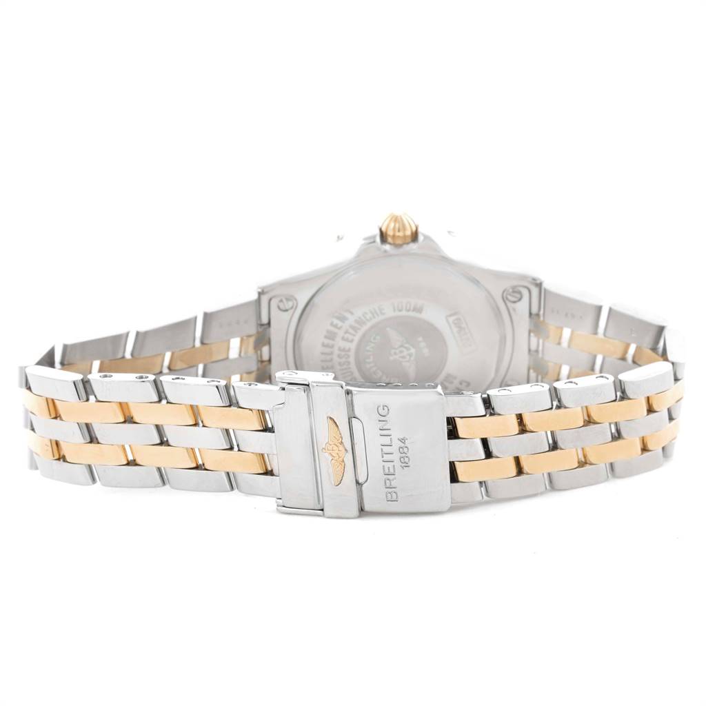 This image shows the back view of a Breitling B71340 Women's Steel and Gold (two tone) White Dial B71340 Women's Steel and Gold (two tone) White Dial Galactic 30 Ladies Steel 18K Yellow Gold Diamond Watch B71340, focusing on the bracelet and clasp.