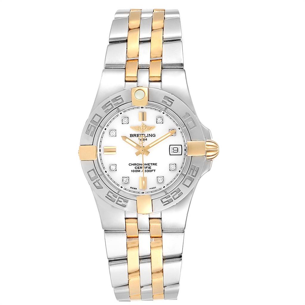 The image shows a frontal view of the Breitling B71340 Women's Steel and Gold (two tone) White Dial B71340 Women's Steel and Gold (two tone) White Dial Galactic 30 Ladies Steel 18K Yellow Gold Diamond Watch B71340 model.