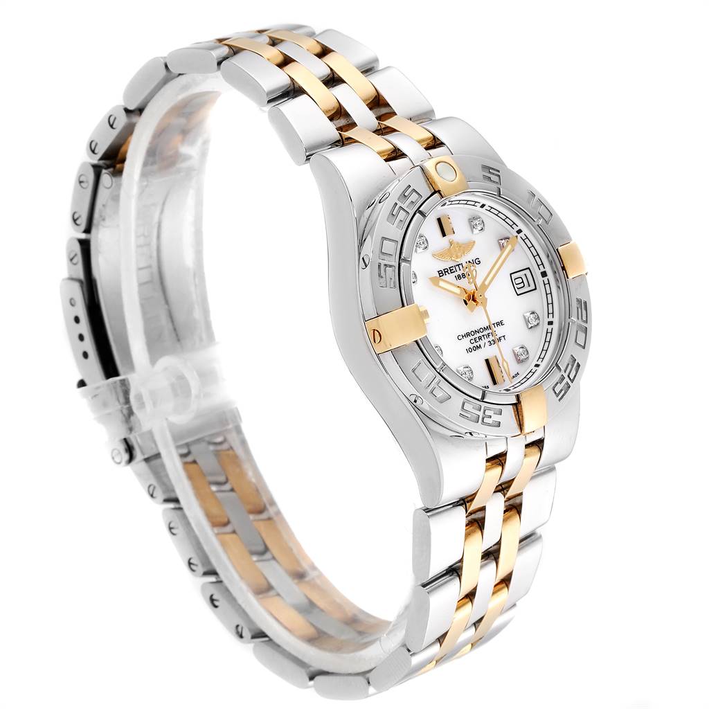 The image shows a side and top angle of the Breitling B71340 Women's Steel and Gold (two tone) White Dial B71340 Women's Steel and Gold (two tone) White Dial Galactic 30 Ladies Steel 18K Yellow Gold Diamond Watch B71340 model.