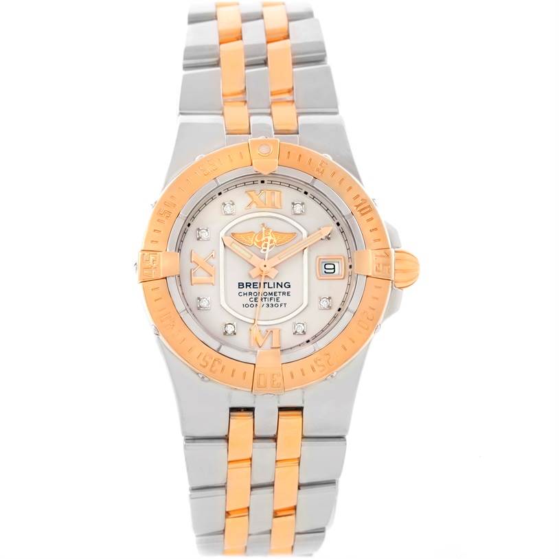 The Breitling C71340 Women's Steel and Gold (two tone) Beige Dial C71340 Women's Steel and Gold (two tone) Beige Dial Galactic 30 Ladies Steel 18K Rose Gold Diamond Watch C71340 is shown from the front, displaying the face, bezel, and band.
