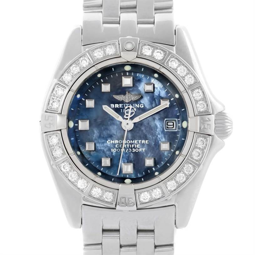 The image shows a front view of the Callisto Ladies Blue Mother of Pearl Diamond Watch A72345 by Breitling A72345 Women's Stainless Steel Mother of Pearl Dial A72345 Women's Stainless Steel Mother of Pearl Dial, highlighting its face and bracelet.