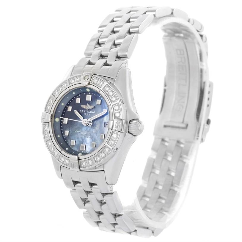 This image shows a front angle of the Breitling A72345 Women's Stainless Steel Mother of Pearl Dial A72345 Women's Stainless Steel Mother of Pearl Dial Callisto Ladies Blue Mother of Pearl Diamond Watch A72345 model, displaying its dial, bezel, and bracelet.