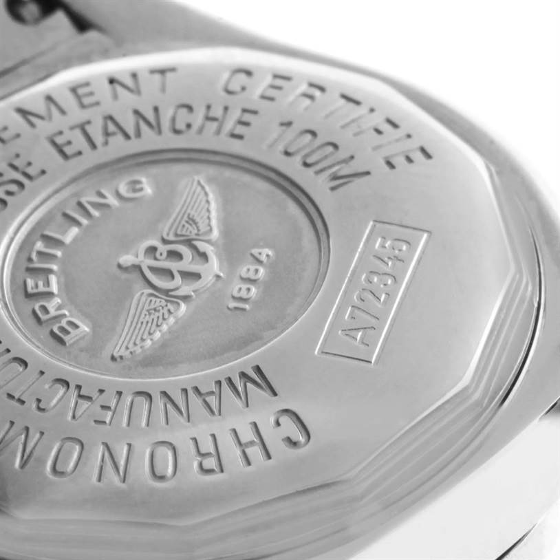 The image shows the back of a Breitling A72345 Women's Stainless Steel Mother of Pearl Dial A72345 Women's Stainless Steel Mother of Pearl Dial Callisto Ladies Blue Mother of Pearl Diamond Watch A72345, highlighting its engravings.