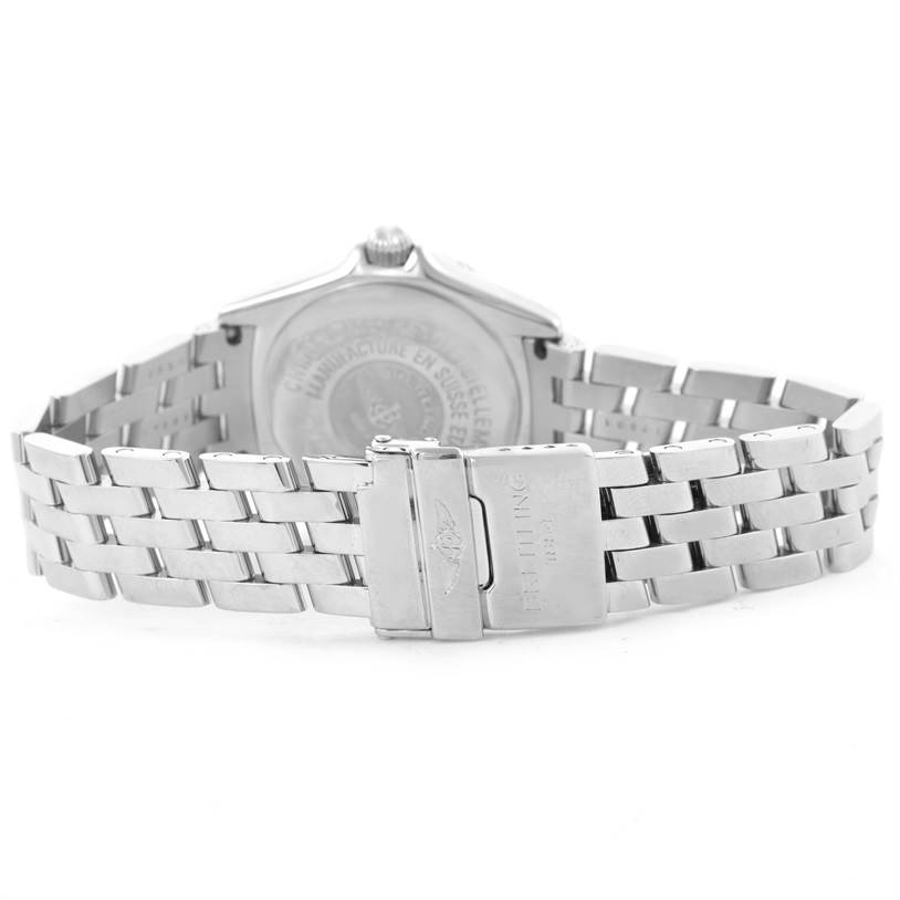 The image shows the back view of the Callisto Ladies Blue Mother of Pearl Diamond Watch A72345 by Breitling A72345 Women's Stainless Steel Mother of Pearl Dial A72345 Women's Stainless Steel Mother of Pearl Dial, focusing on the clasp and bracelet.