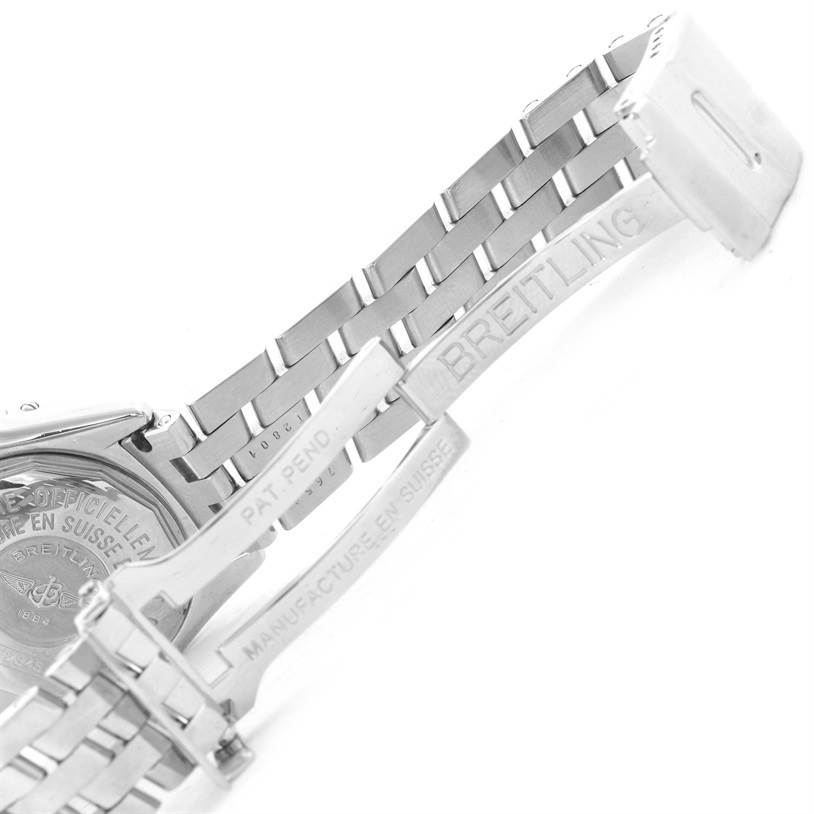 The image shows the Breitling A72345 Women's Stainless Steel Mother of Pearl Dial A72345 Women's Stainless Steel Mother of Pearl Dial Callisto Ladies Blue Mother of Pearl Diamond Watch A72345 model's clasp and part of the bracelet.