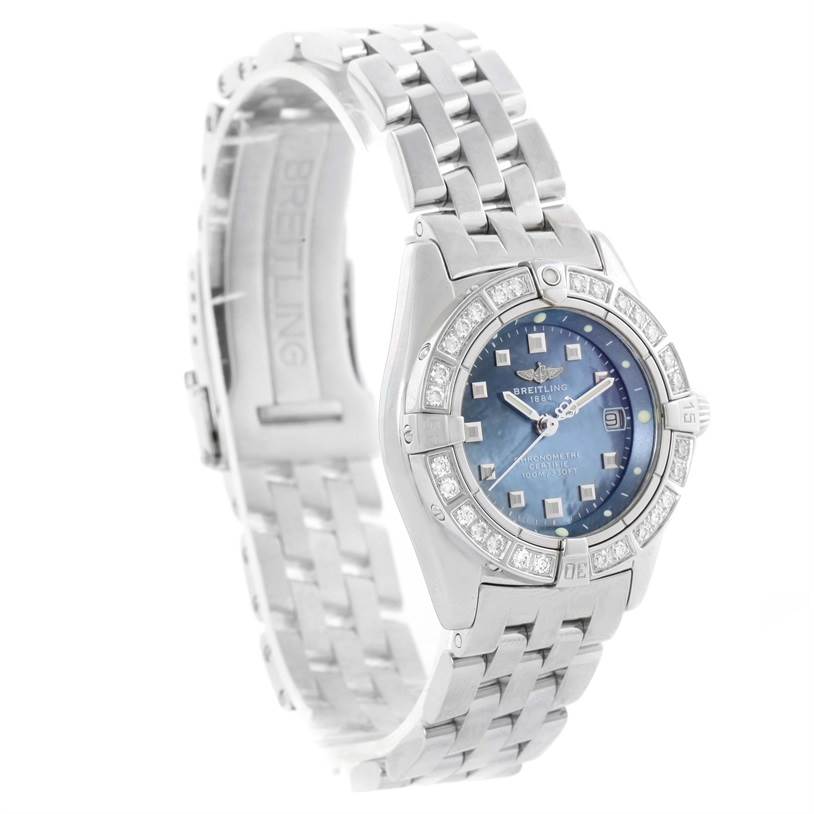 The image shows a side angle of the Breitling A72345 Women's Stainless Steel Mother of Pearl Dial A72345 Women's Stainless Steel Mother of Pearl Dial Callisto Ladies Blue Mother of Pearl Diamond Watch A72345, highlighting the face and bracelet.