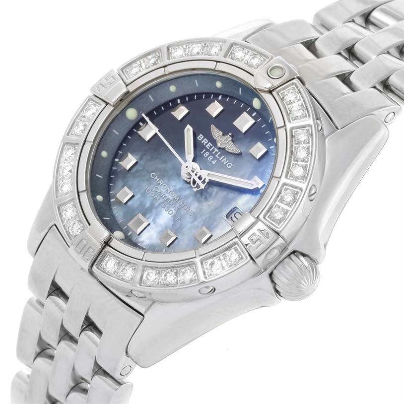 The image shows a close-up, tilted angle of the Breitling A72345 Women's Stainless Steel Mother of Pearl Dial A72345 Women's Stainless Steel Mother of Pearl Dial Callisto Ladies Blue Mother of Pearl Diamond Watch A72345, highlighting the dial and bezel.