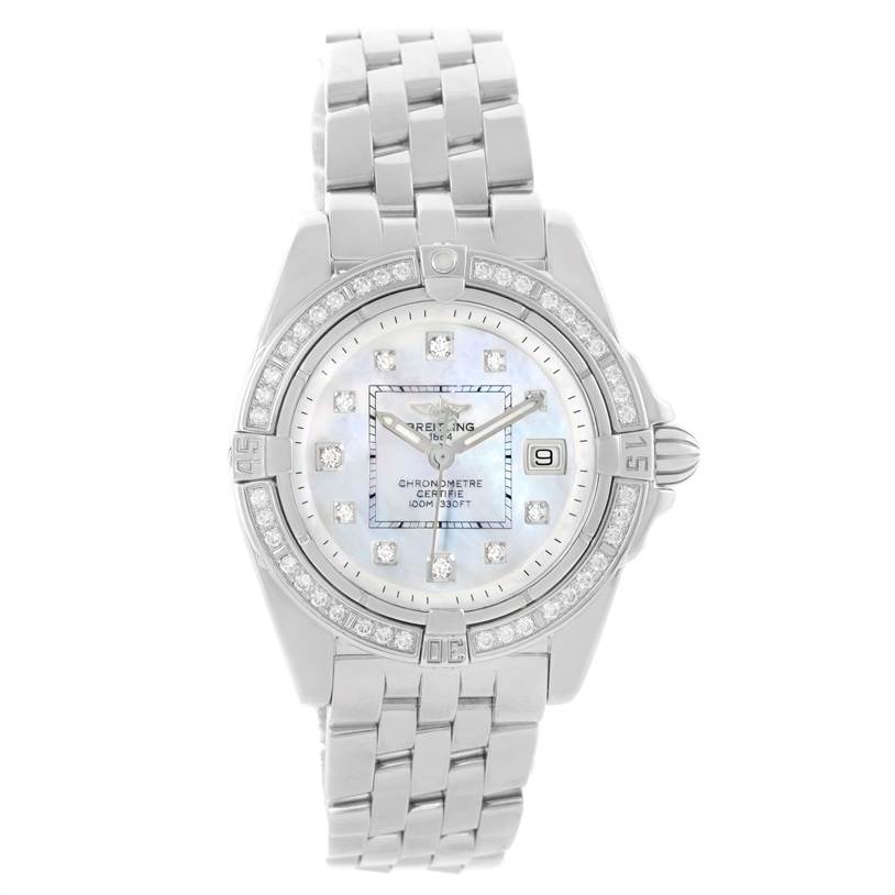 The image shows a Breitling A71356 Women's Stainless Steel Mother of Pearl Dial A71356 Women's Stainless Steel Mother of Pearl Dial Windrider Cockpit Mother Pearl Diamond Women's Watch A71356, angled from the front, showcasing its face and bracelet.