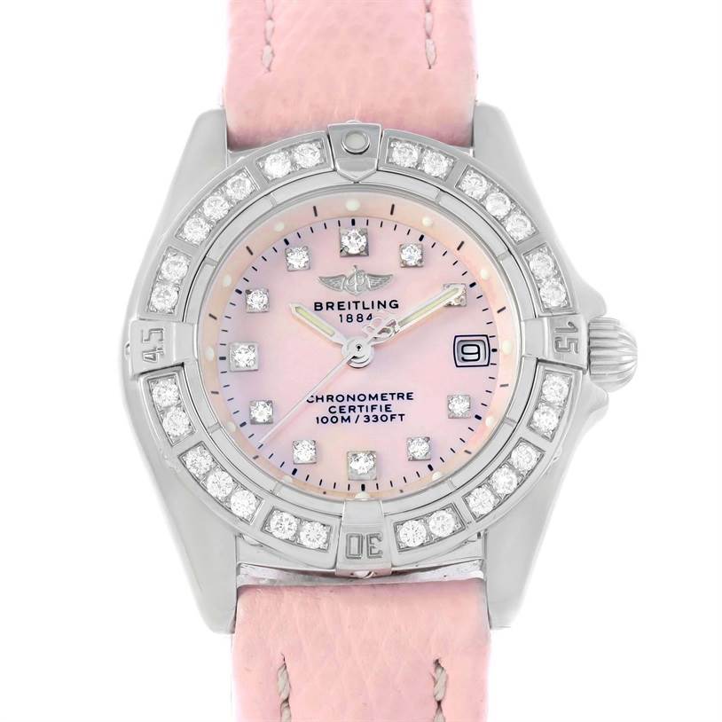 The Breitling A72345 Women's Stainless Steel Mother of Pearl Dial A72345 Women's Stainless Steel Mother of Pearl Dial Callisto Pink Mother of Pearl Diamond Ladies Watch A72345 is shown from the front, highlighting the dial, bezel, and strap.
