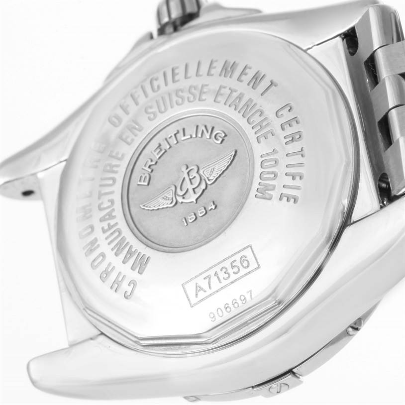 The image shows the back of the Breitling A71356 Women's Stainless Steel White Dial A71356 Women's Stainless Steel White Dial Cockpit Diamond Dial Bezel Women's Watch A71356, highlighting the case back and bracelet.