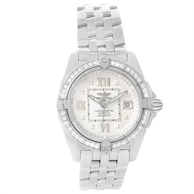 The image shows a front view of the Breitling A71356 Women's Stainless Steel White Dial A71356 Women's Stainless Steel White Dial Cockpit Diamond Dial Bezel Women's Watch A71356, displaying its face, diamond bezel, and bracelet.