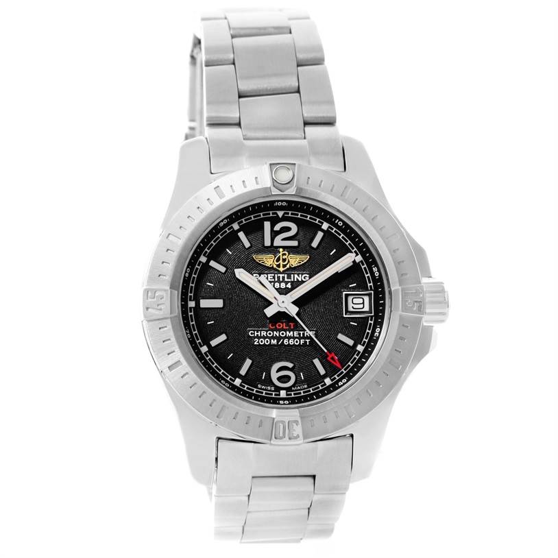 The Breitling A77388 Women's Stainless Steel Black Dial A77388 Women's Stainless Steel Black Dial Colt Lady A77388 watch is shown from the front, displaying the black dial, bezel, and stainless steel bracelet.