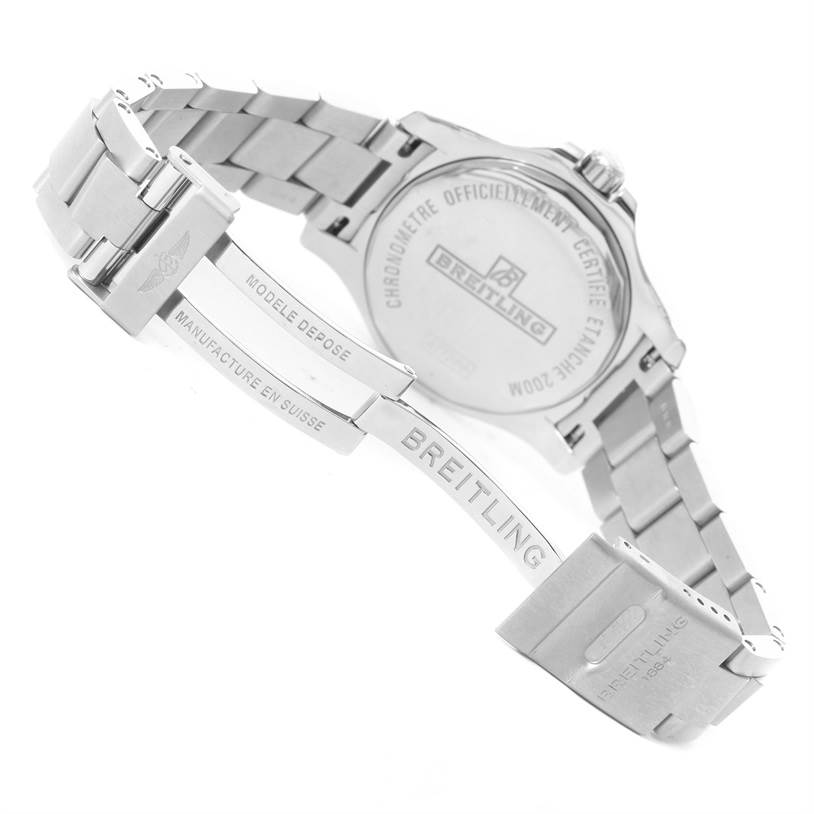 This Breitling A77388 Women's Stainless Steel Black Dial A77388 Women's Stainless Steel Black Dial Colt Lady A77388 watch is shown from the back, displaying the case back and partially opened bracelet.