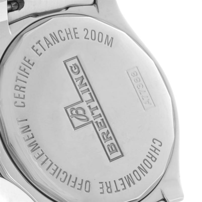 The image shows the back case of a Breitling A77388 Women's Stainless Steel Black Dial A77388 Women's Stainless Steel Black Dial Colt Lady Black Dial Steel Womens Watch A77388 in an unworn condition.