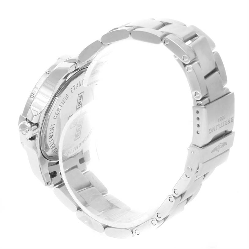 The image shows the side view of a Breitling A77388 Women's Stainless Steel Black Dial A77388 Women's Stainless Steel Black Dial Colt Lady Black Dial Steel Women's Watch A77388, highlighting the bracelet and case back.