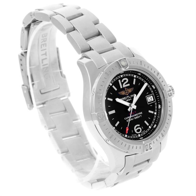 The Breitling A77388 Women's Stainless Steel Black Dial A77388 Women's Stainless Steel Black Dial Colt Lady Black Dial Steel Women's Watch A77388 is shown at an angled side view, displaying its band, case, and face.