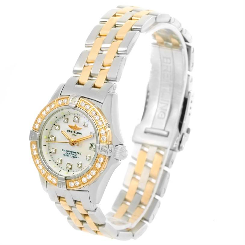 The image shows the Breitling D72345 Women's Stainless Steel Mother of Pearl Dial D72345 Women's Stainless Steel Mother of Pearl Dial Windrider Calisto Steel 18K Yellow Gold Diamond Watch D72345 model at a slight angle, displaying the dial, bezel, and bracelet.