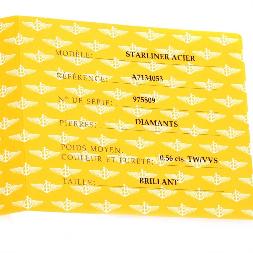 The image shows documents and papers for the Breitling A71340 Women's Stainless Steel Mother of Pearl Dial A71340 Women's Stainless Steel Mother of Pearl Dial Starliner Mother of Pearl Diamond Watch A71340 model.