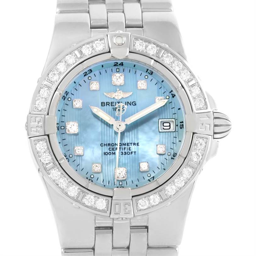 The image shows a frontal view of the Breitling A71340 Women's Stainless Steel Mother of Pearl Dial A71340 Women's Stainless Steel Mother of Pearl Dial Starliner Mother of Pearl Diamond Watch A71340, highlighting the dial, bezel, and bracelet.