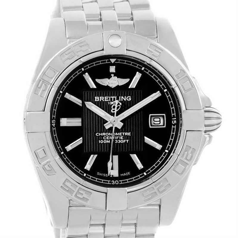 The image shows a front view of the Breitling Cockpit Steel Black Dial Women's Watch A71356, highlighting its face and bracelet.