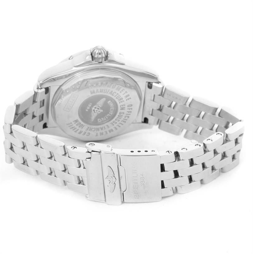 The image shows the back view of the Breitling A71356 Women's Stainless Steel Black Dial A71356 Women's Stainless Steel Black Dial Cockpit Steel Black Dial Women's Watch A71356, highlighting its clasp and bracelet.