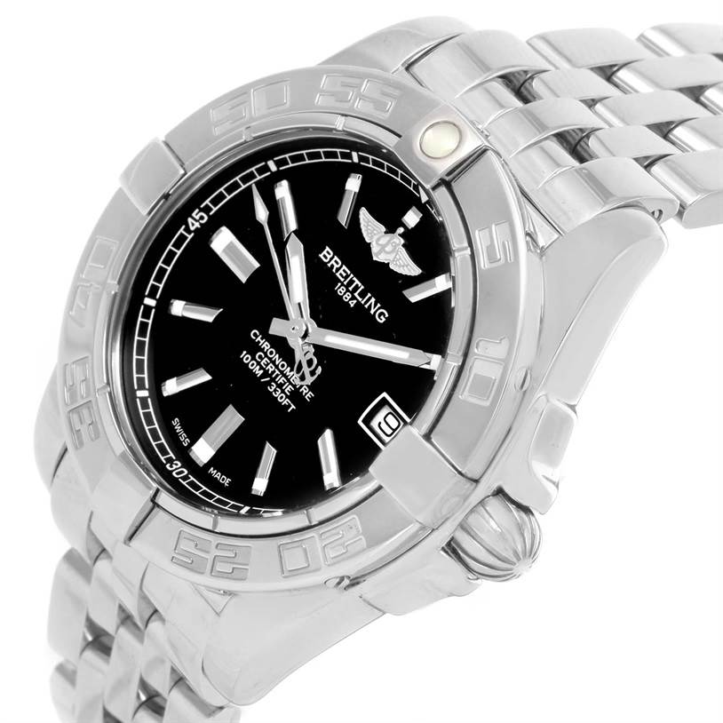 The image shows a side angle of the Breitling A71356 Women's Stainless Steel Black Dial A71356 Women's Stainless Steel Black Dial Cockpit Steel Black Dial Women's Watch A71356, highlighting the dial, bezel, and bracelet. 